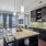 a kitchen with black cabinets